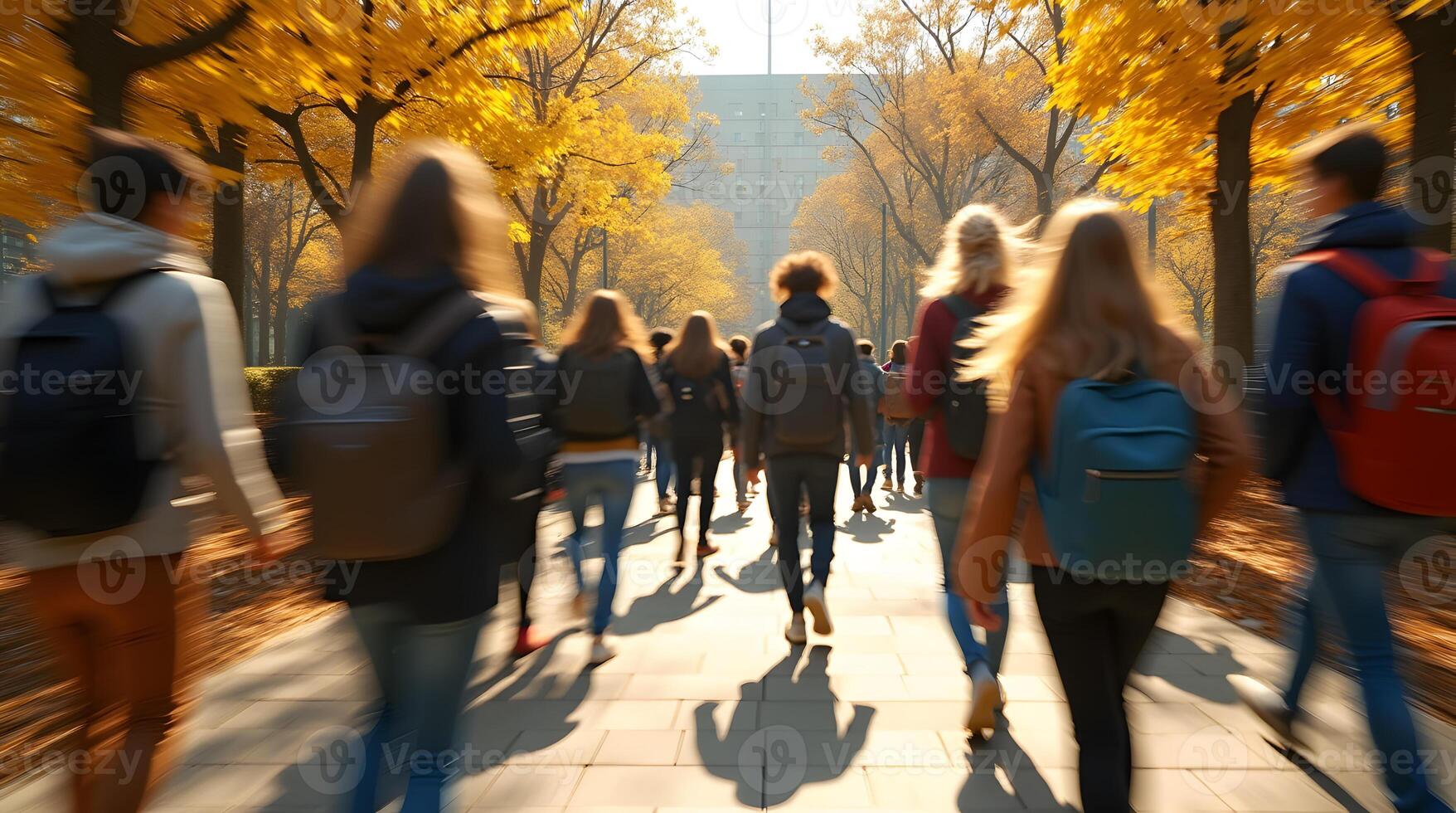 A group of people walking down a sidewalk in the fall photo