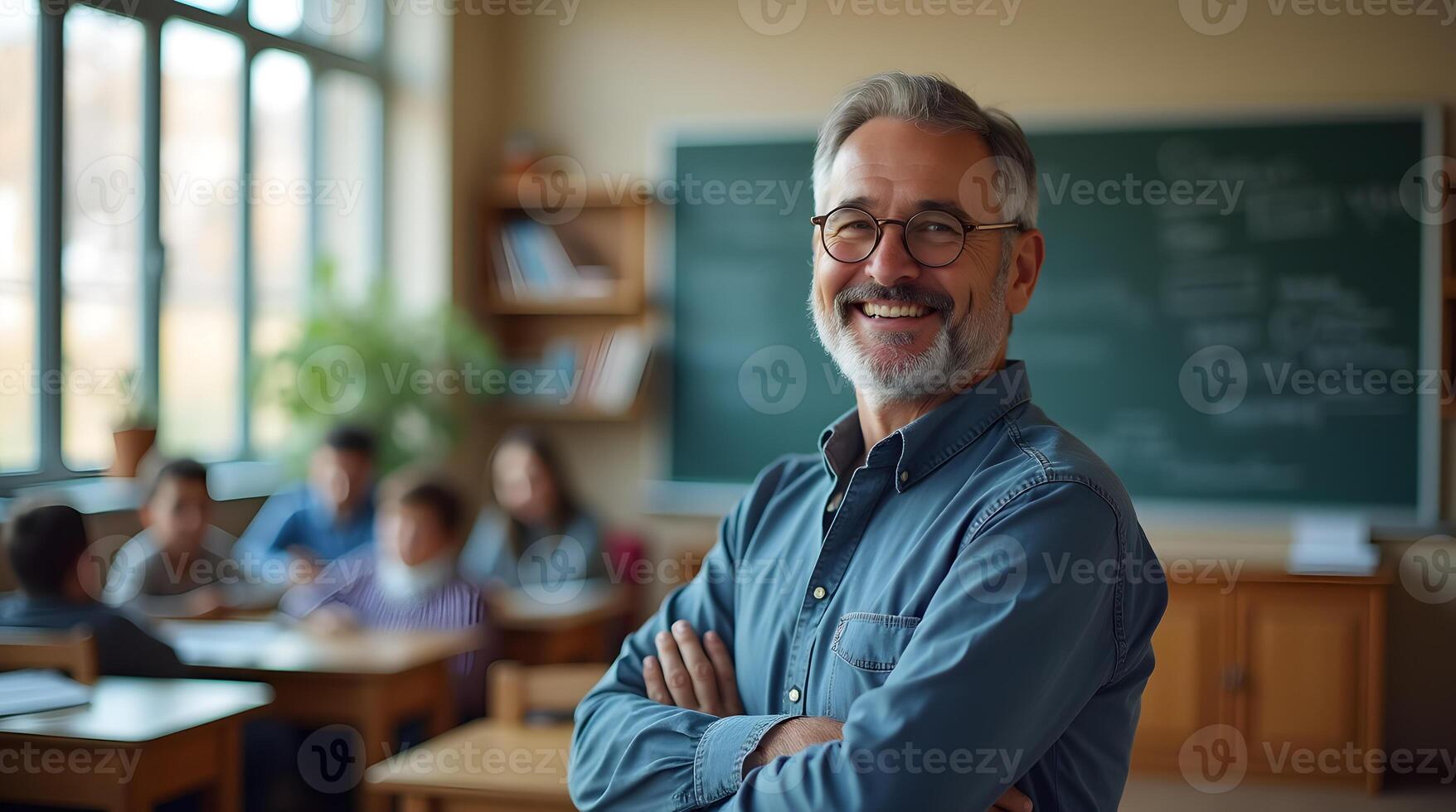 A man with glasses standing in front of a classroom photo