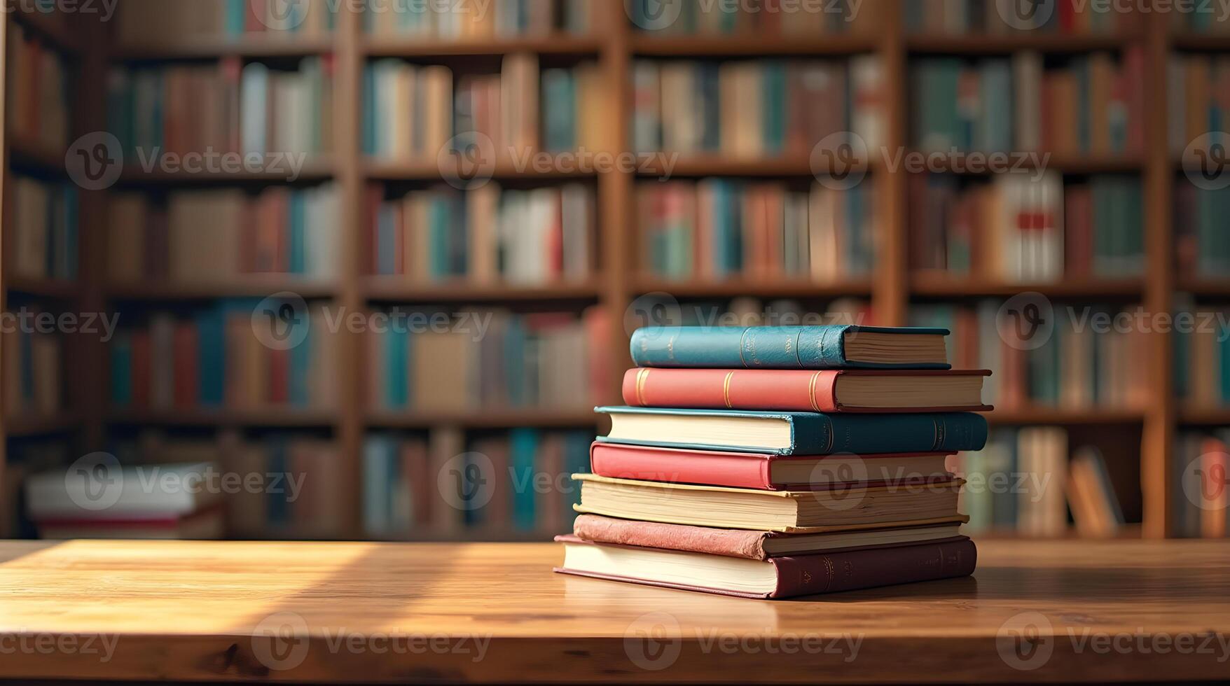 A stack of books on a table in front of a library photo