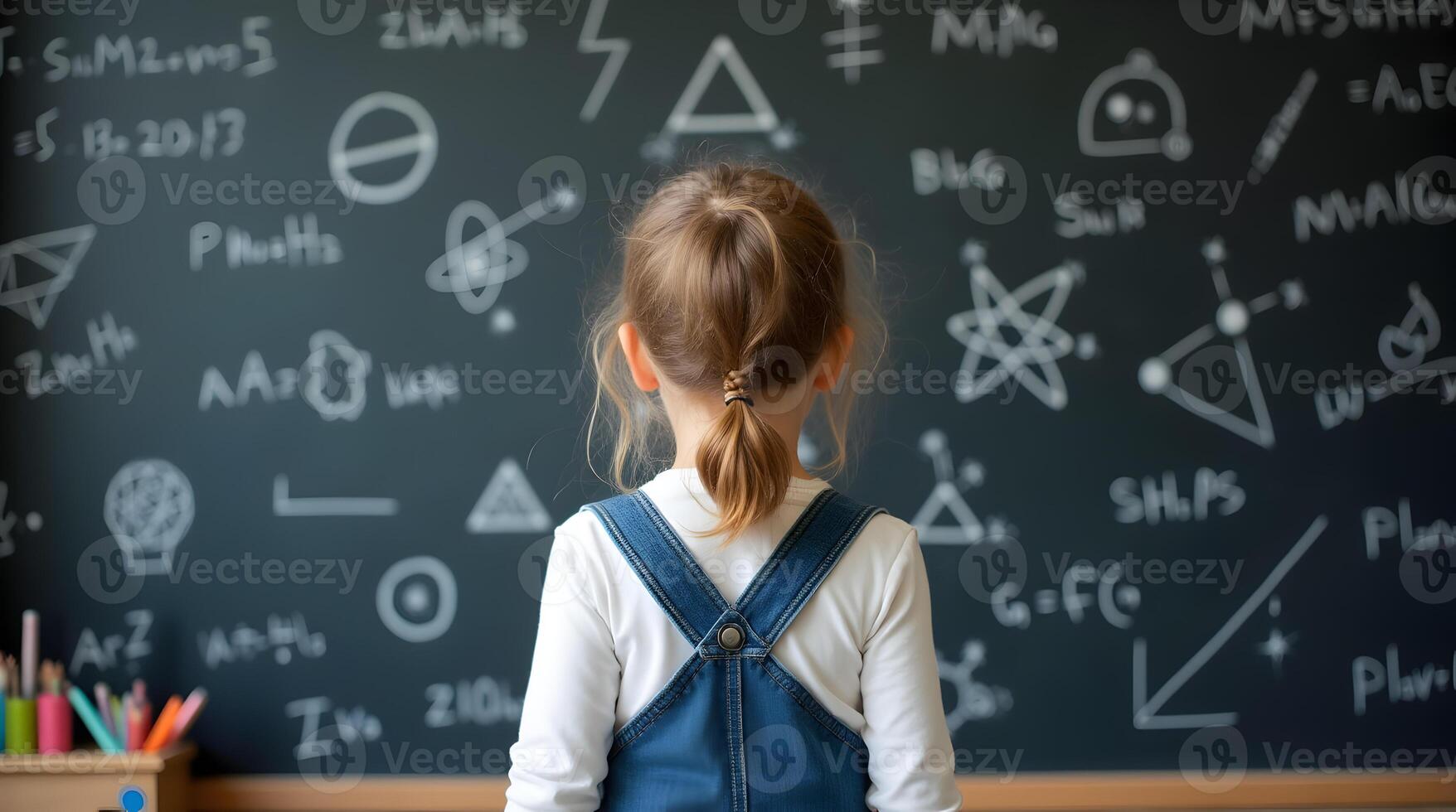 A little girl standing in front of a blackboard with various formulas written on it photo