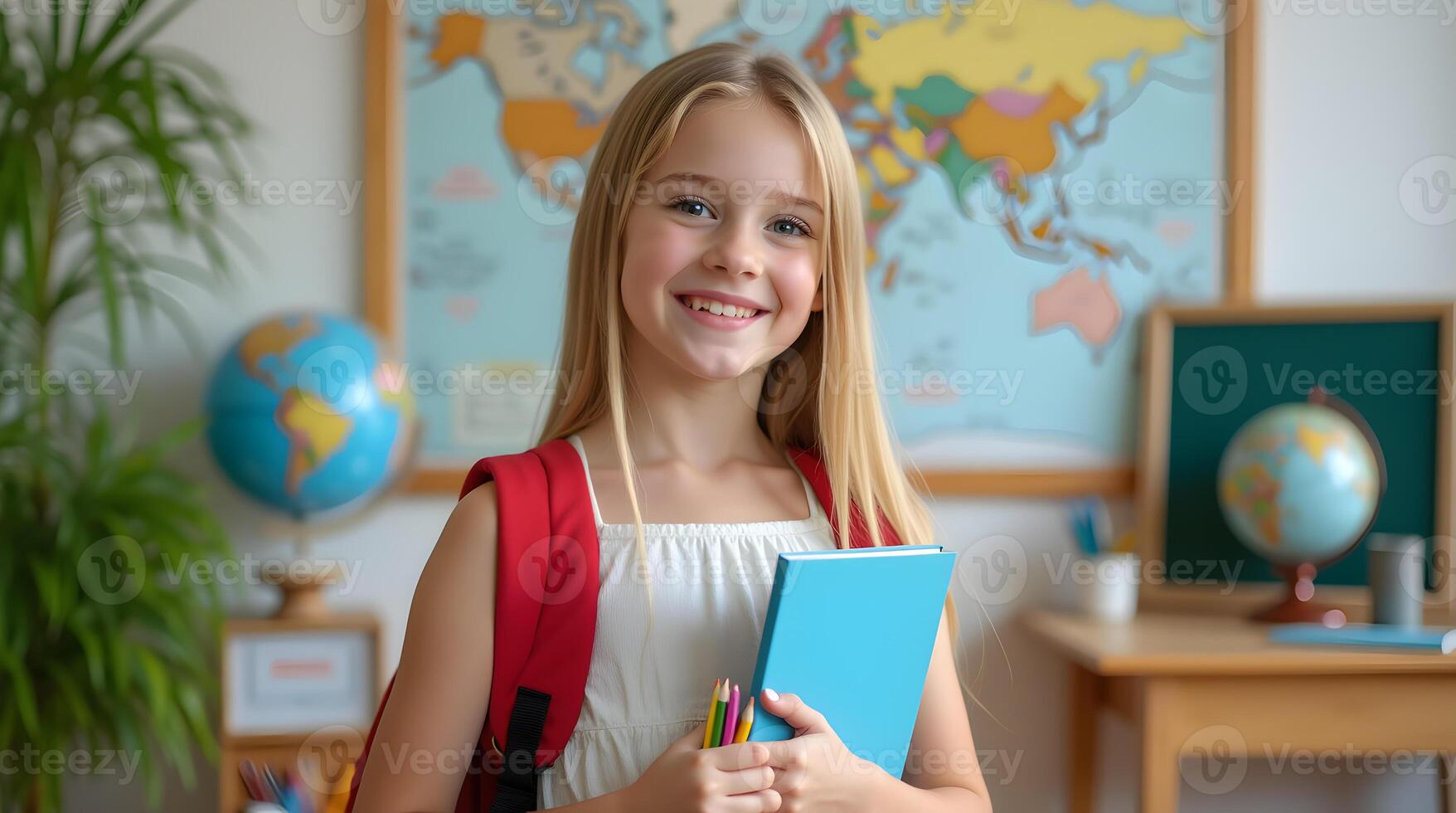 A young girl holding a notebook and a pencil photo