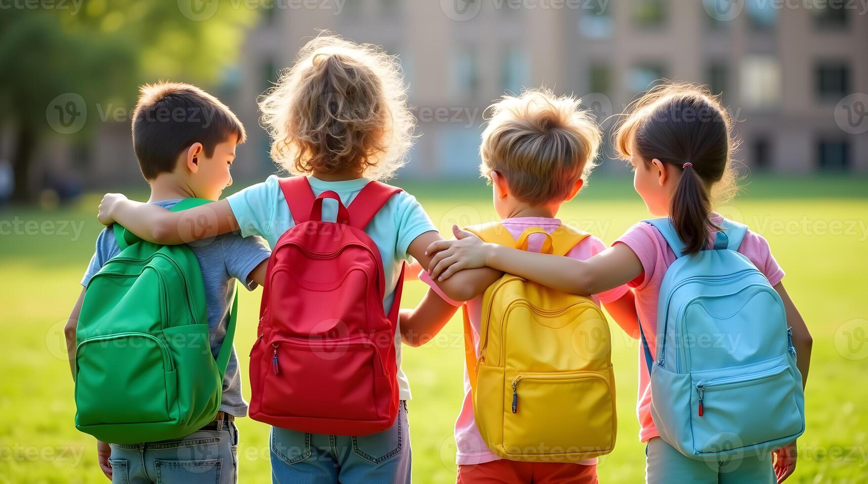 Three children with backpacks standing in a field photo
