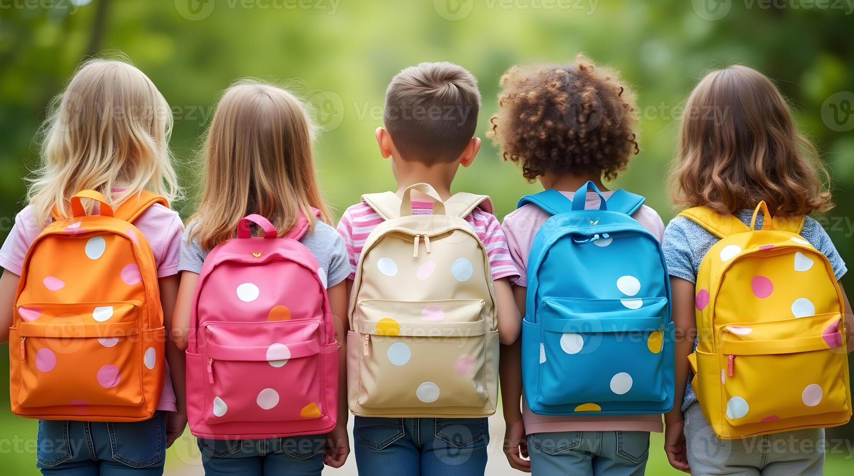 Back to school concept of children with colorful backpacks photo