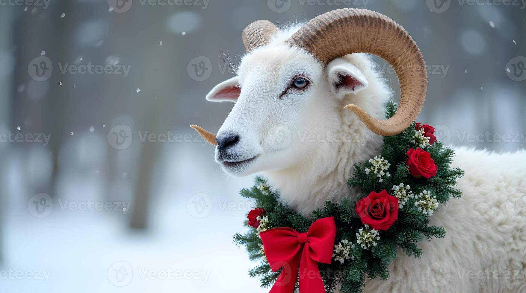 A ram wearing a wreath and roses in the snow photo
