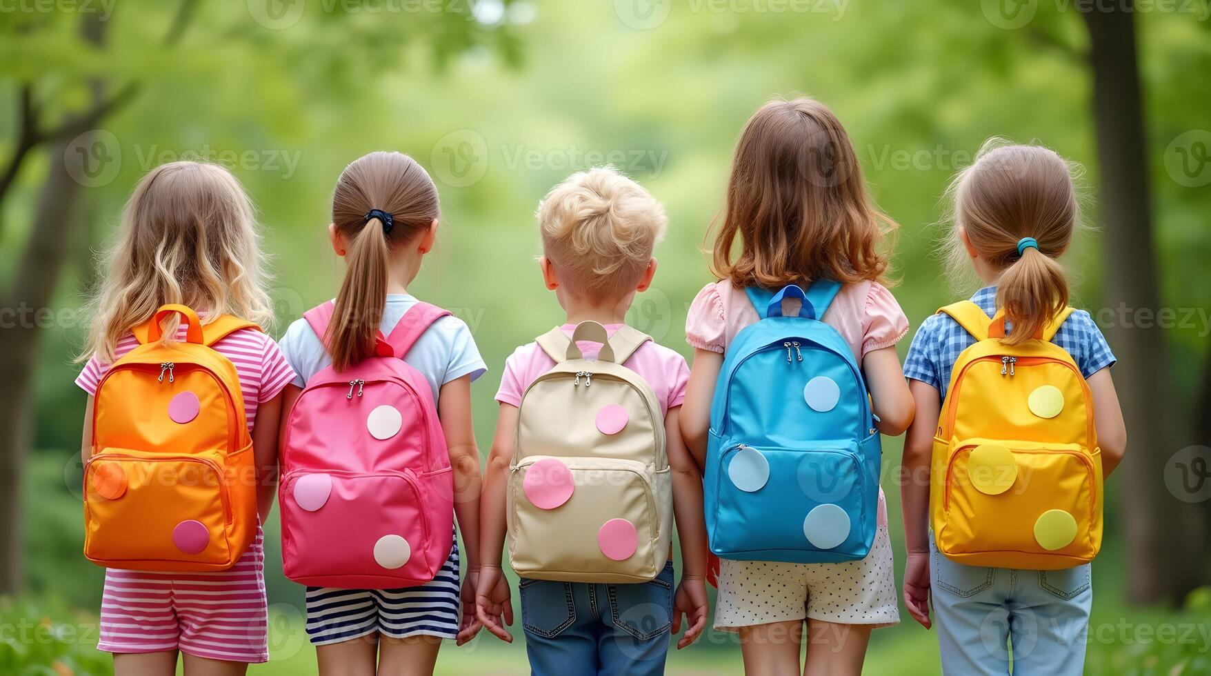 Back to school concept of happy children with backpacks photo