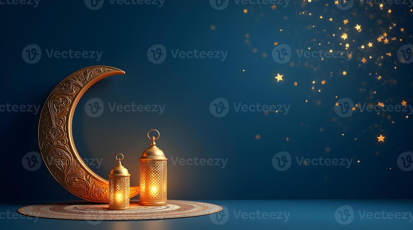 Golden crescent and lantern on blue background with stars 3d render photo
