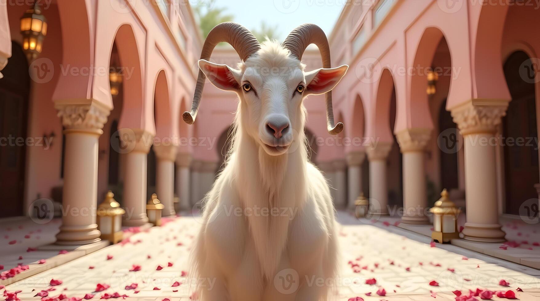 A goat standing in a courtyard surrounded by pink flowers photo