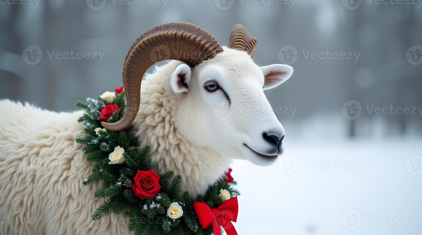 A ram with a wreath on its head in the snow photo