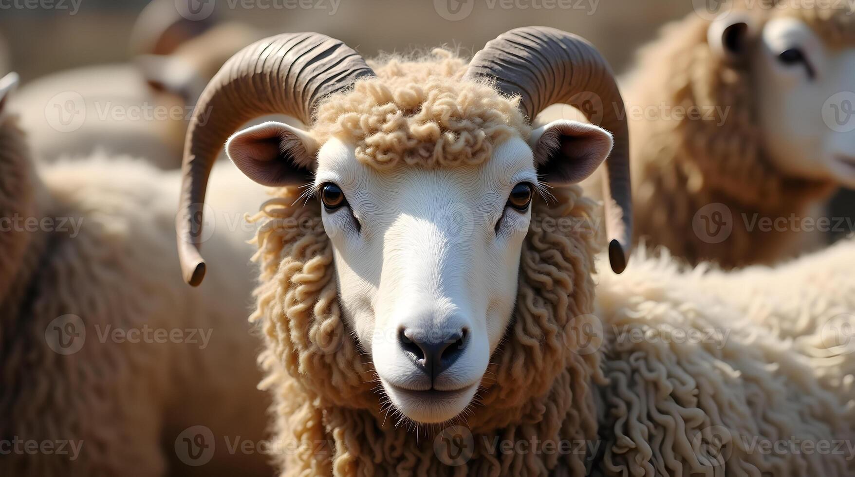 A close up of a sheep with large horns photo