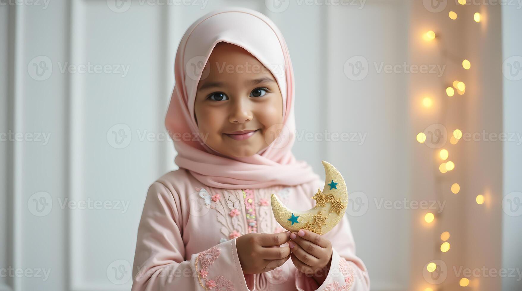 A little girl in a hijab holding a cookie photo