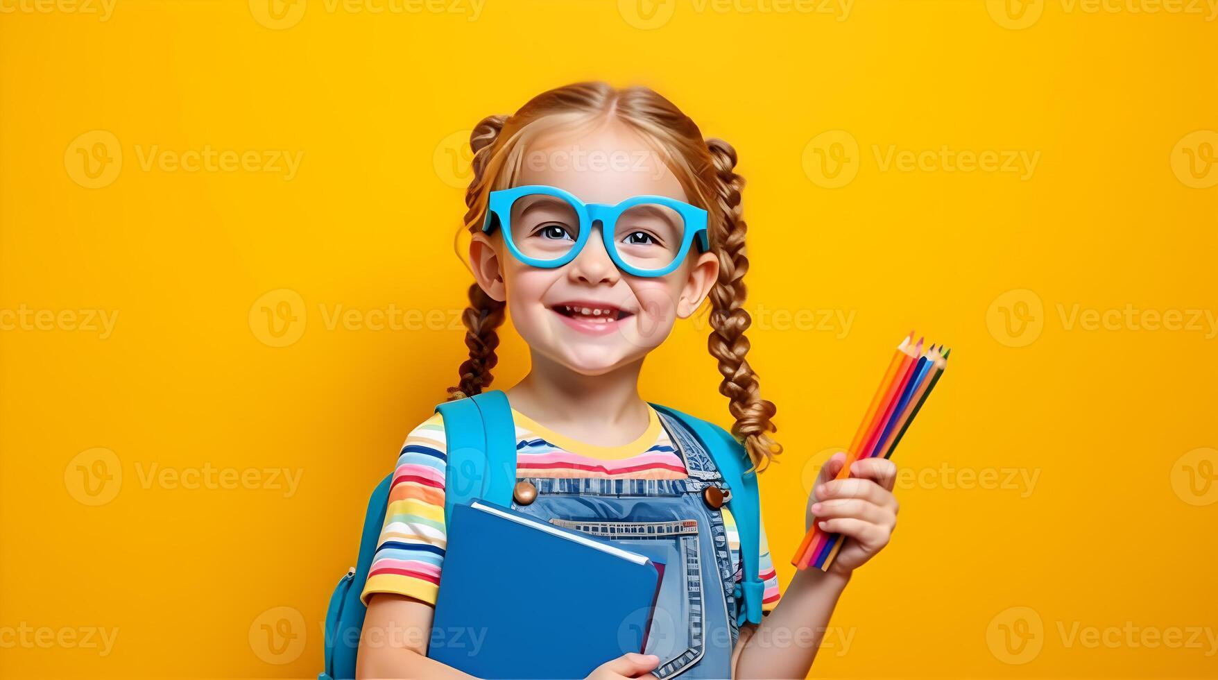 A little girl in glasses holding a book and pencils photo