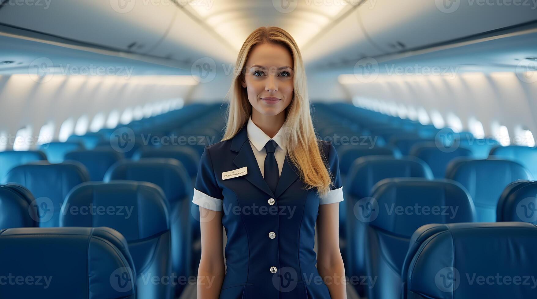 A flight attendant standing in an airplane photo