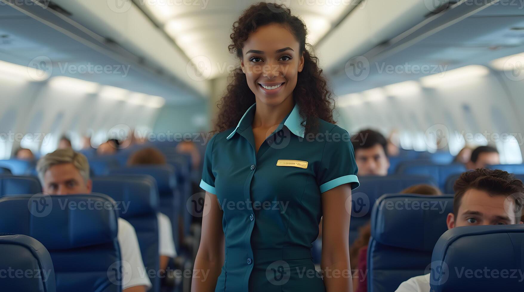 A woman in a flight attendant uniform standing on an airplane photo