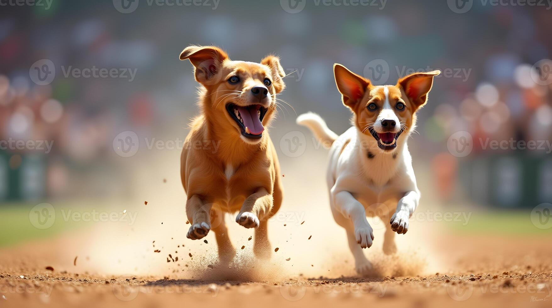 Two dogs running on a baseball field photo