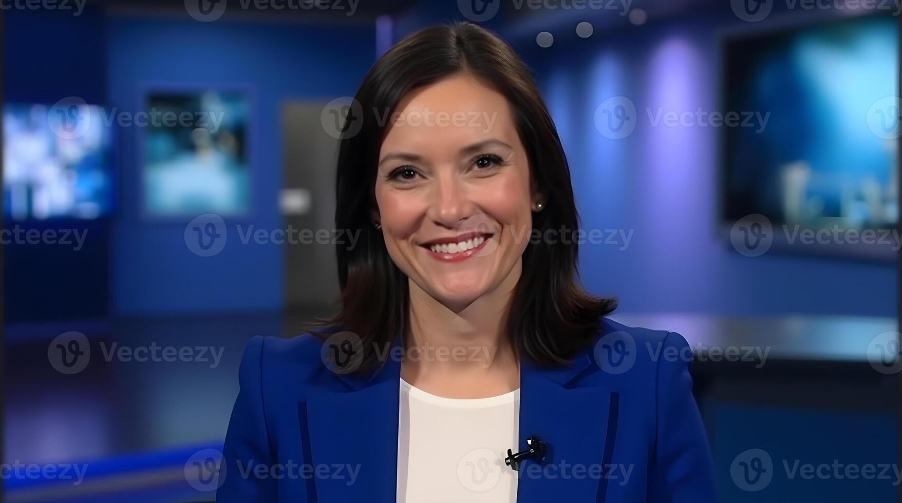A woman in a blue suit is smiling photo