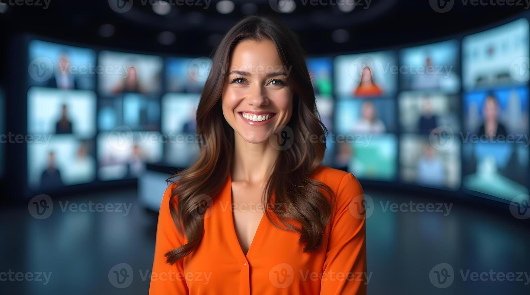 A woman in an orange shirt is smiling in front of a television screen photo