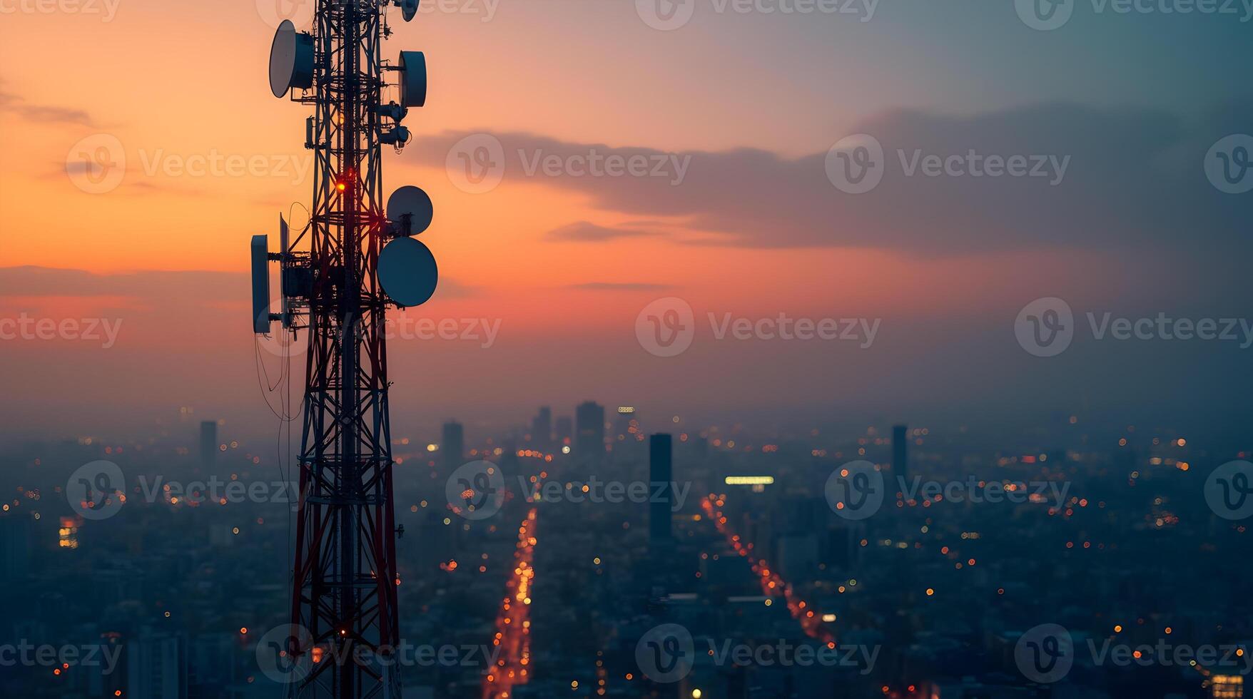 Cell phone tower in the city at sunset photo