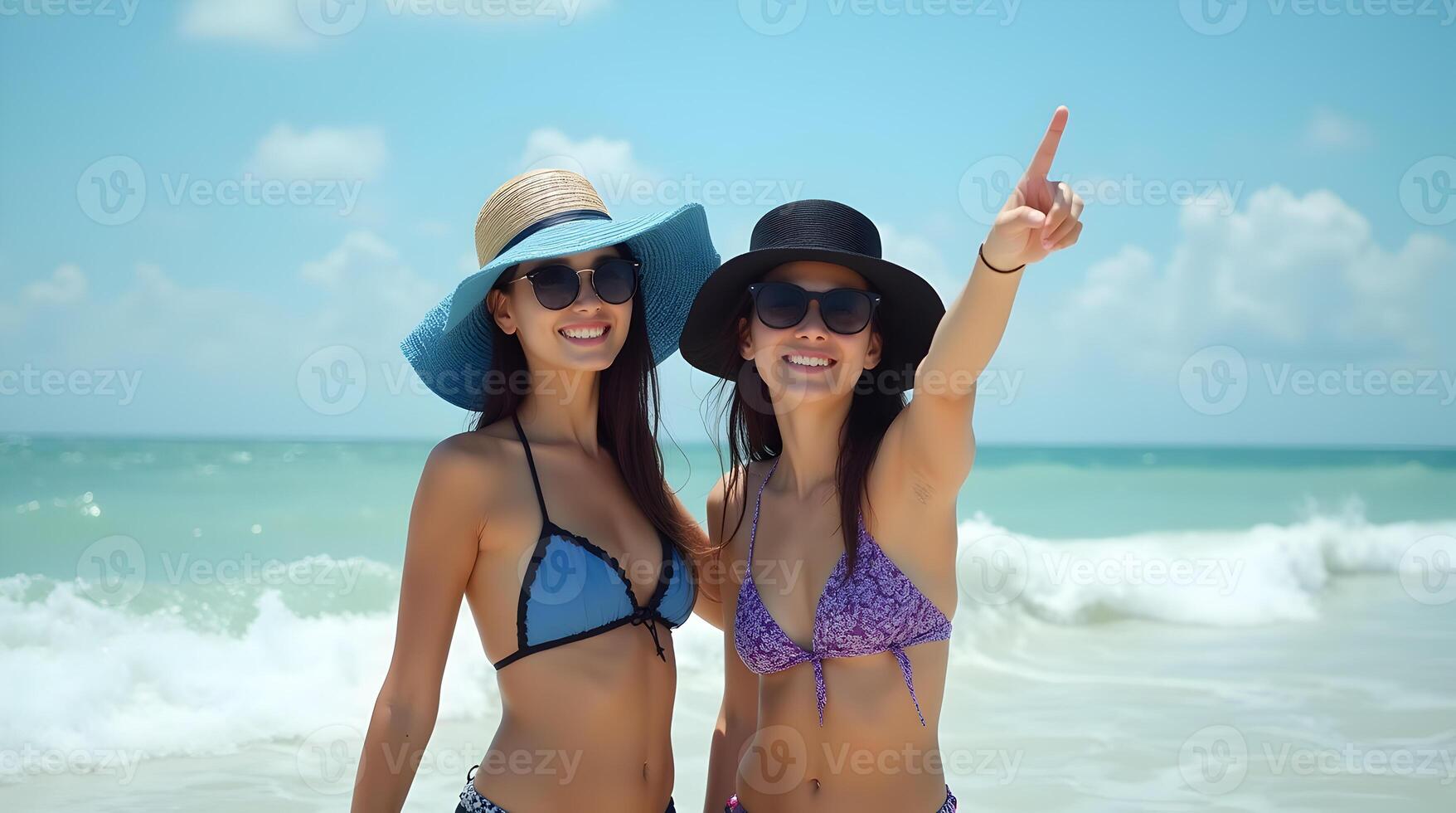 Two women in bikinis and hats on the beach photo