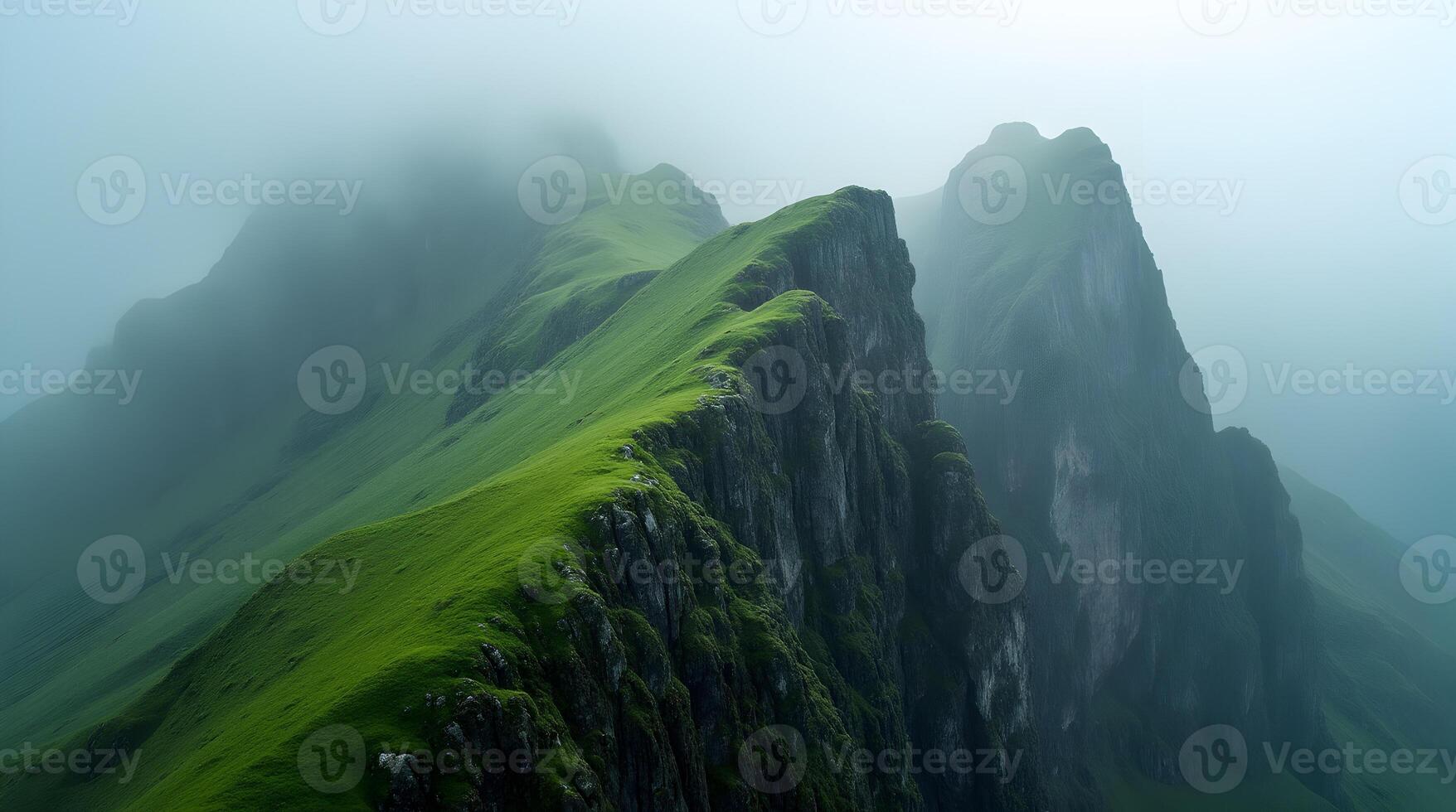 A green mountain with foggy clouds photo