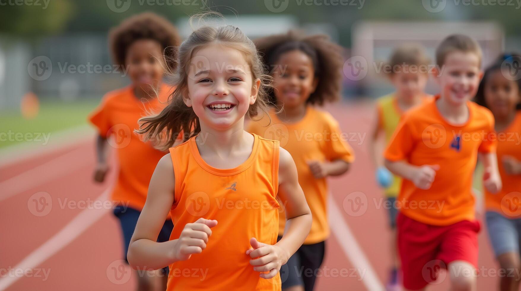 A group of children running on a track photo