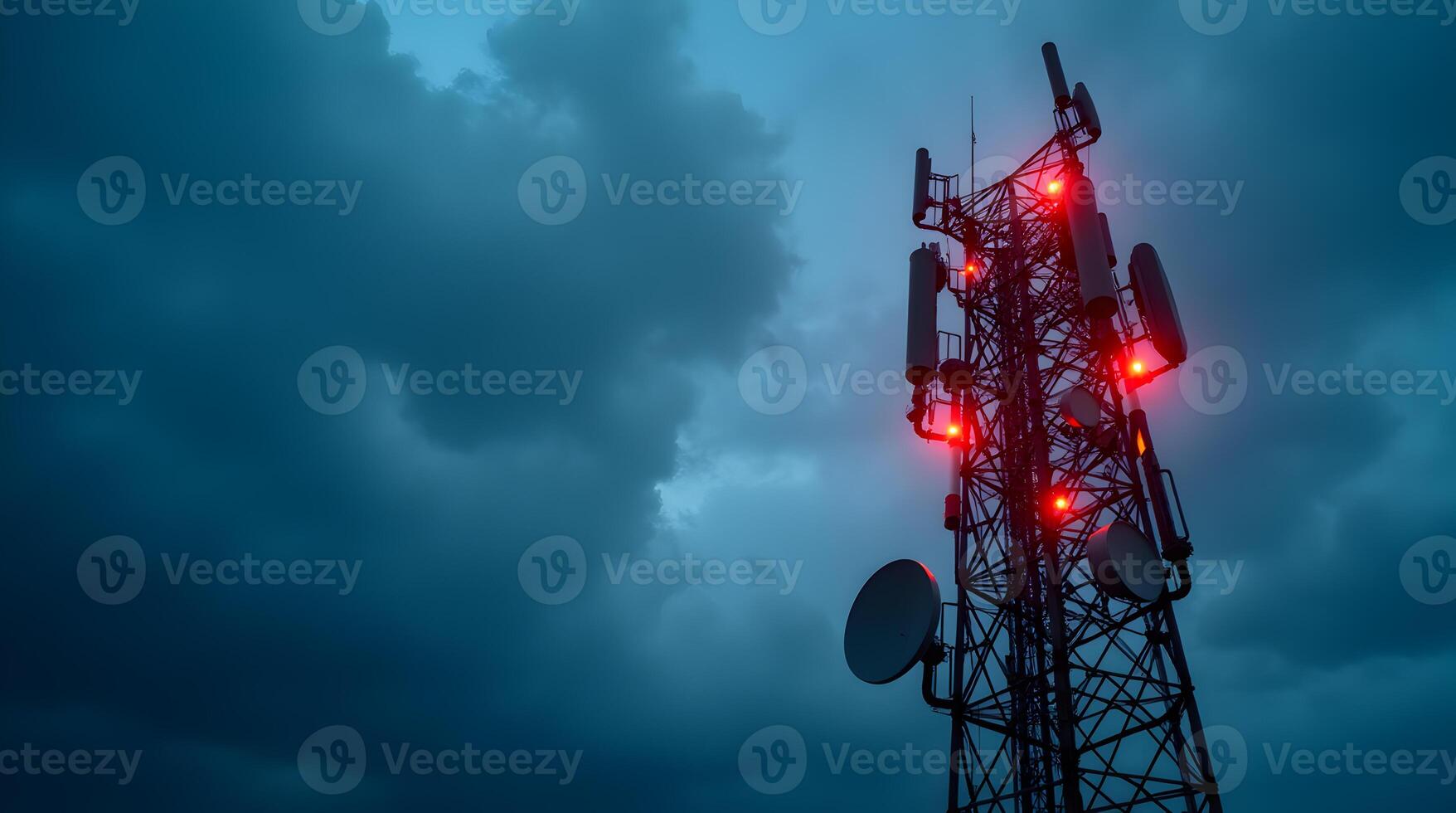 Cell tower with red lights on it against a cloudy sky photo