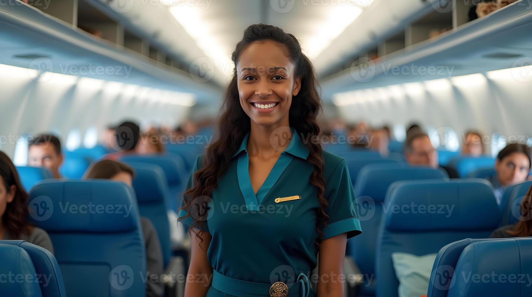 A woman in a green uniform standing on an airplane photo