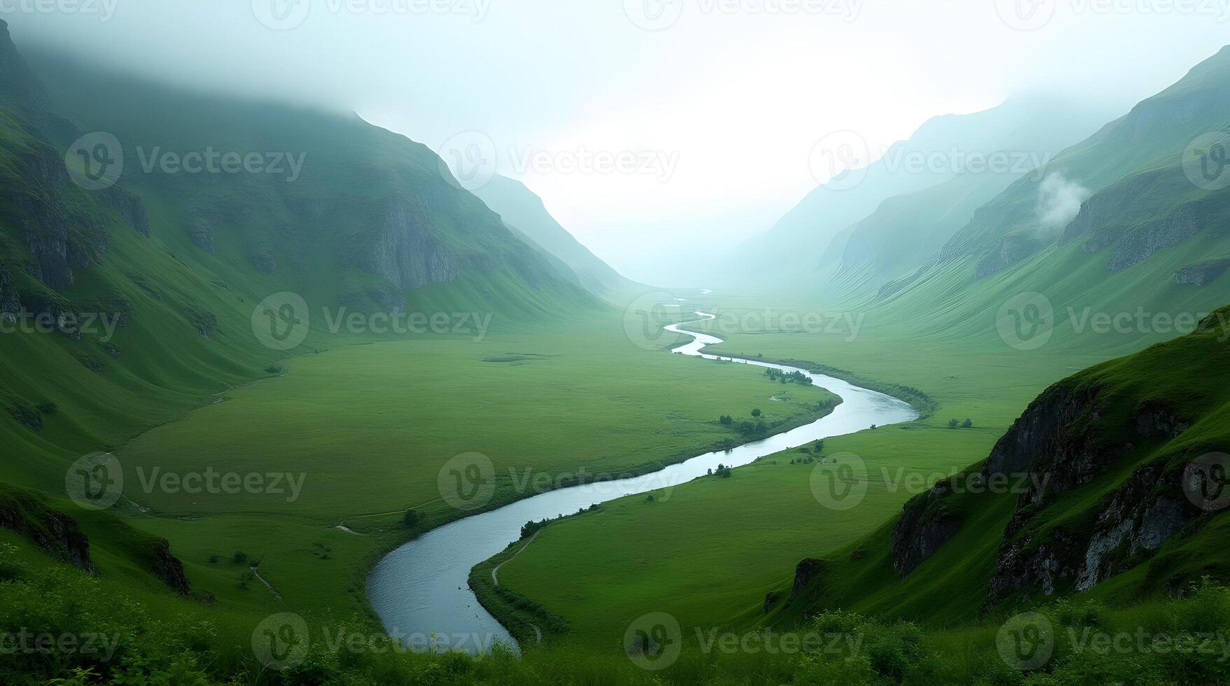 A river runs through a green valley in the mountains photo
