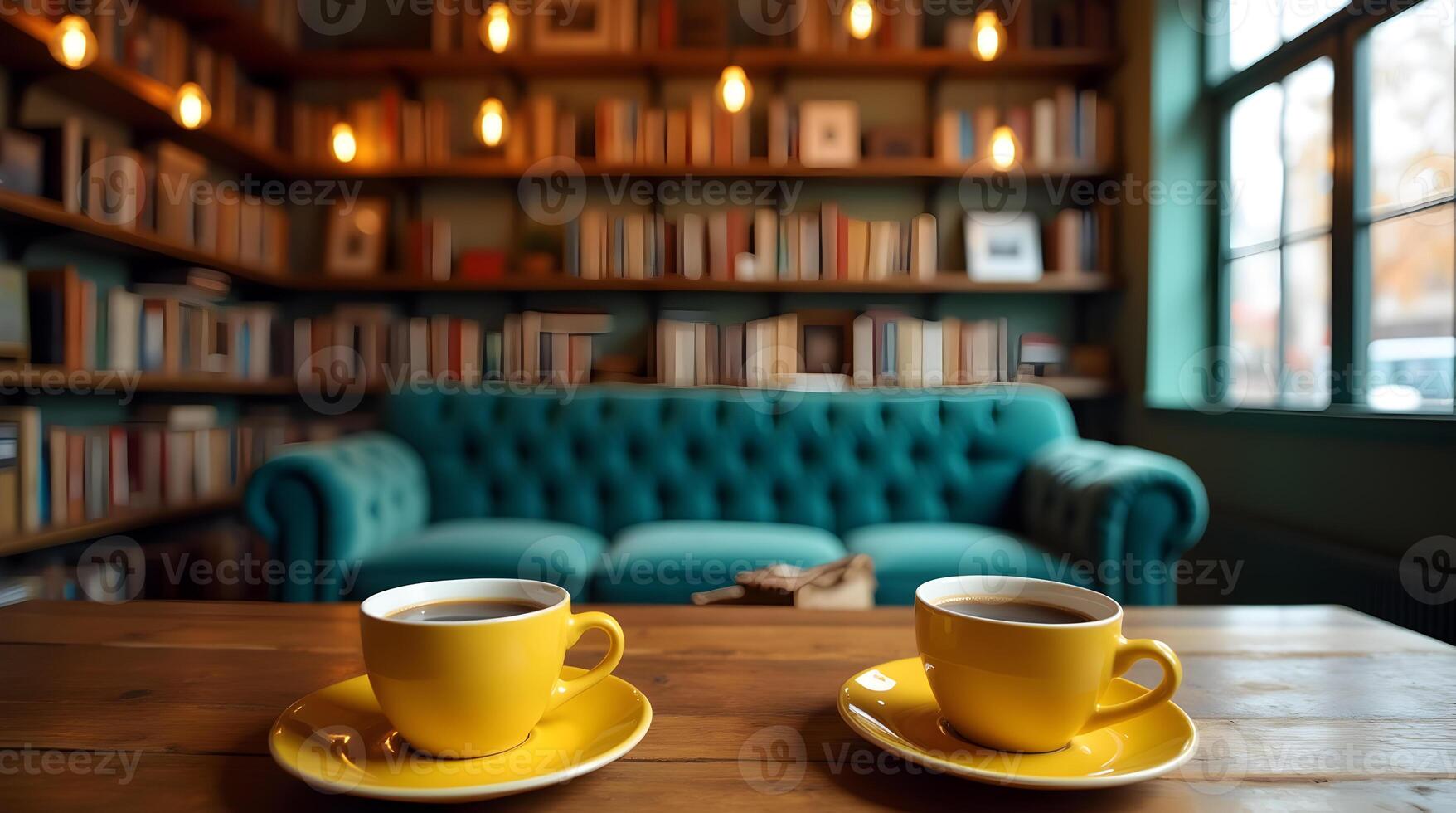Two yellow coffee cups on a wooden table in front of a book shelf photo