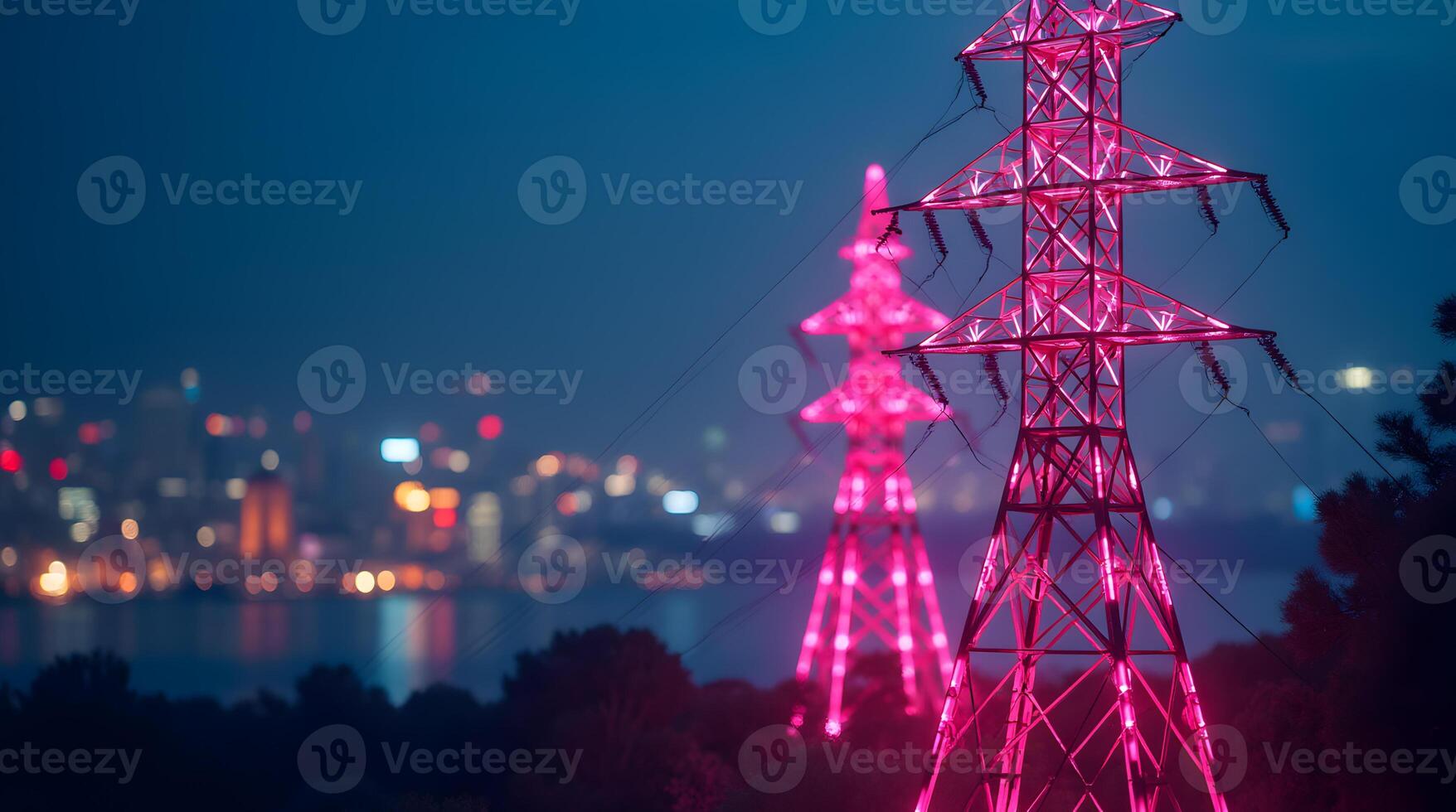 Electricity towers in the city at night photo