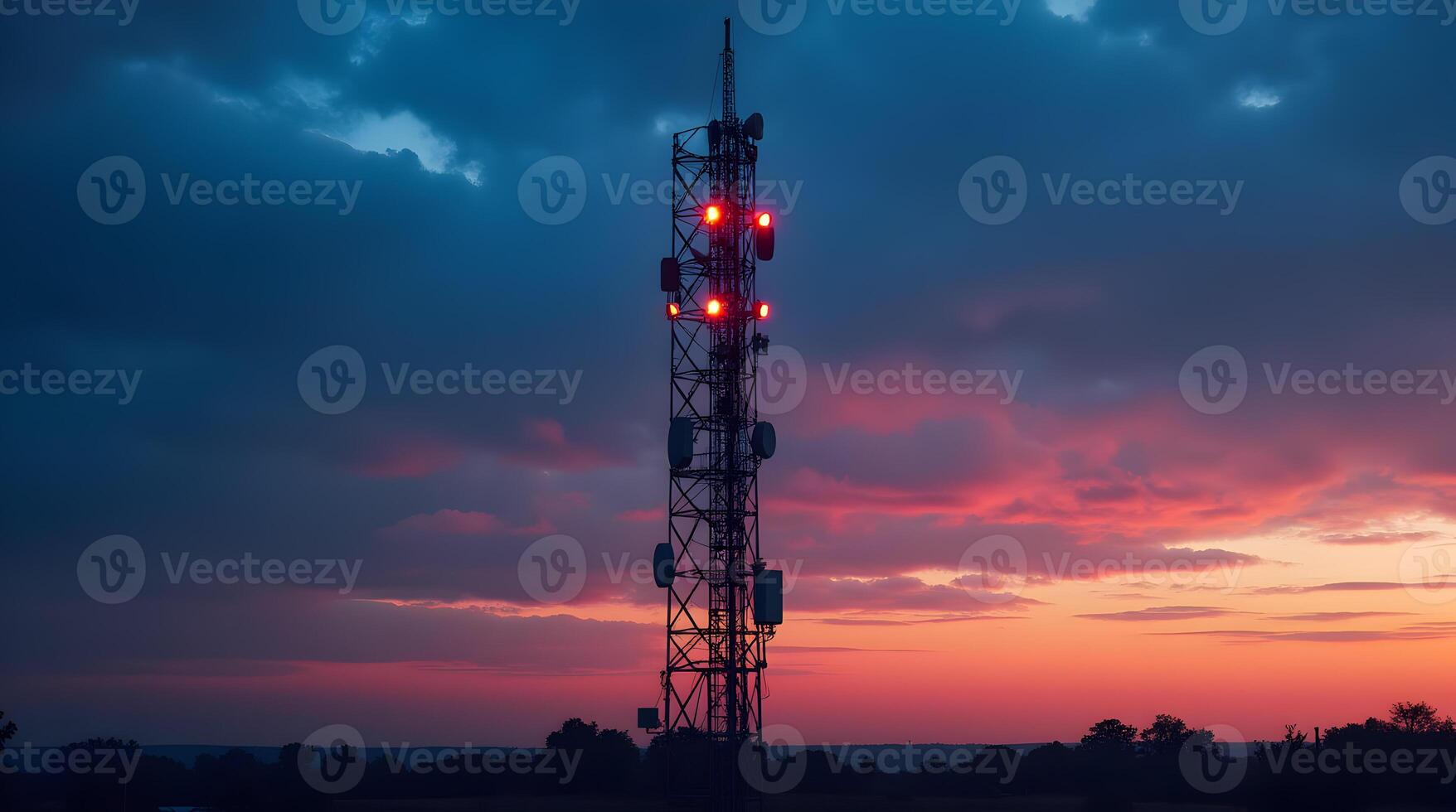 A cell tower with red lights on it at sunset photo