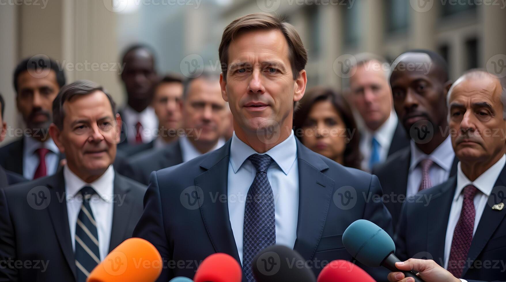 A man in a suit and tie surrounded by reporters photo