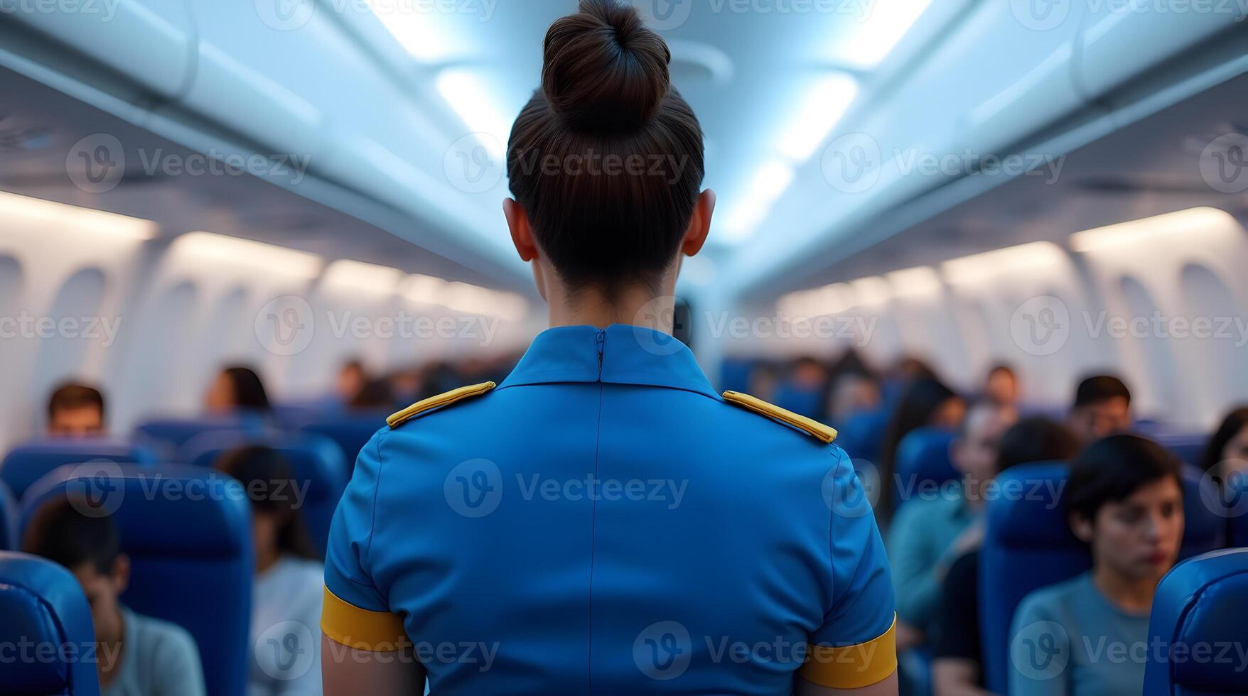 A woman in a blue uniform is standing in the aisle of an airplane photo