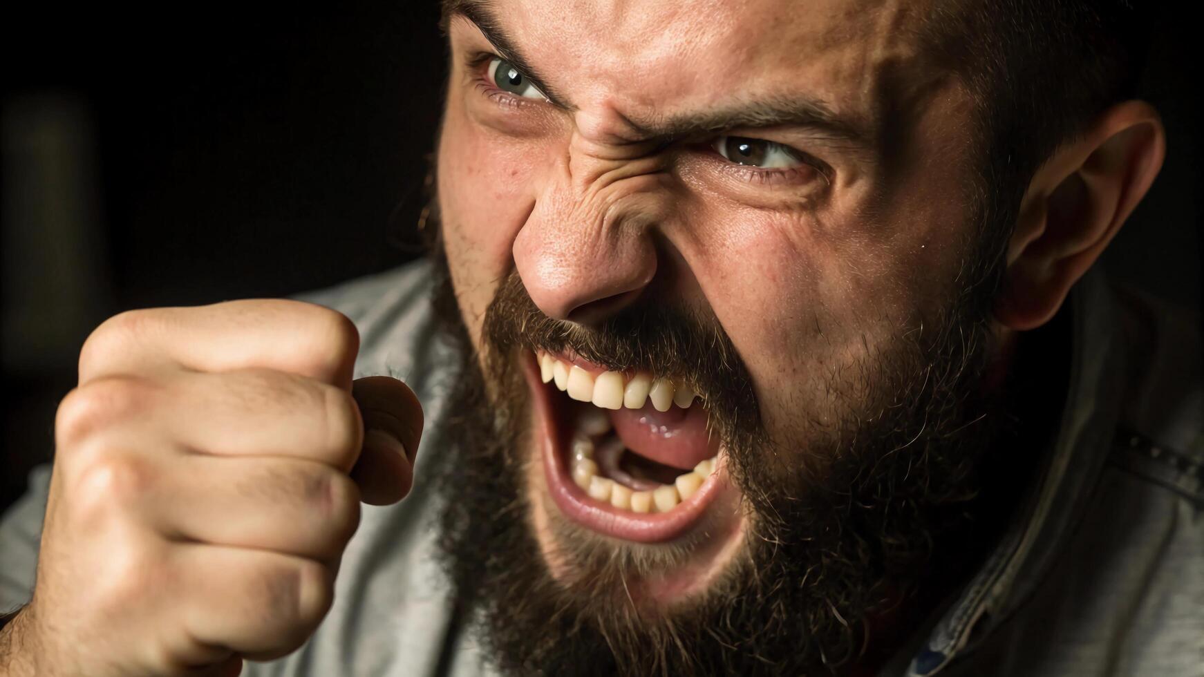 A man with a beard and a beard is making a fist photo