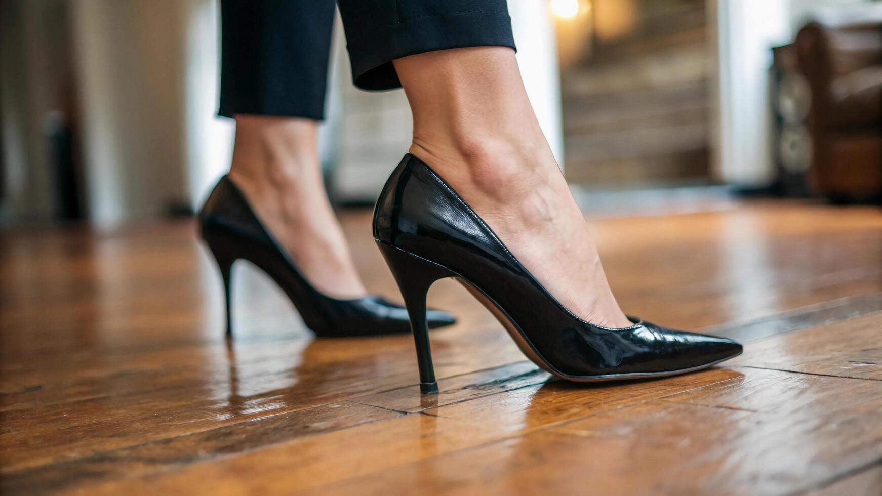 A woman wearing black high heels standing on a wooden floor photo