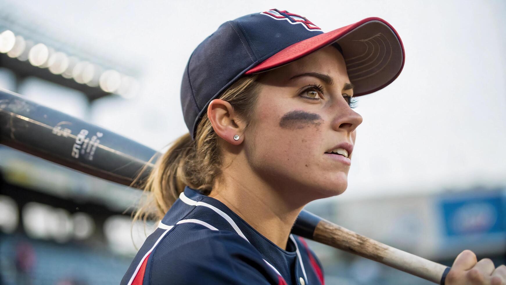 A female baseball player holding a bat photo