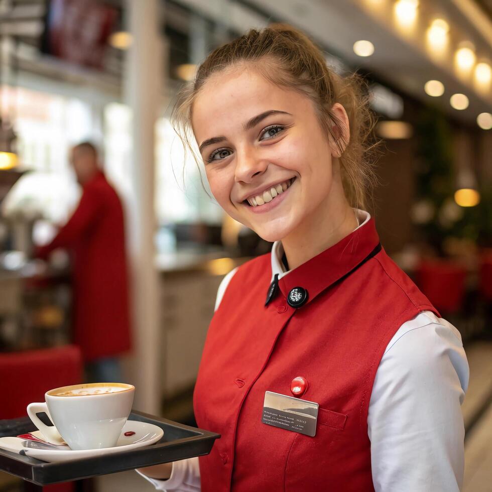 A young woman in a red apron holding a tray of coffee photo