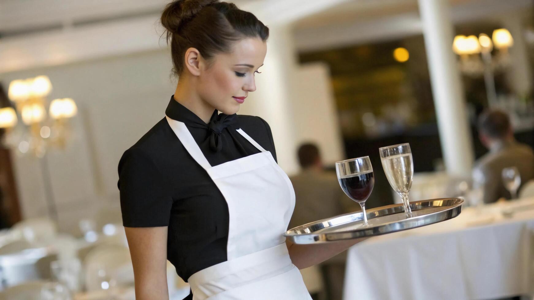 A waitress holding a tray with wine and a glass photo