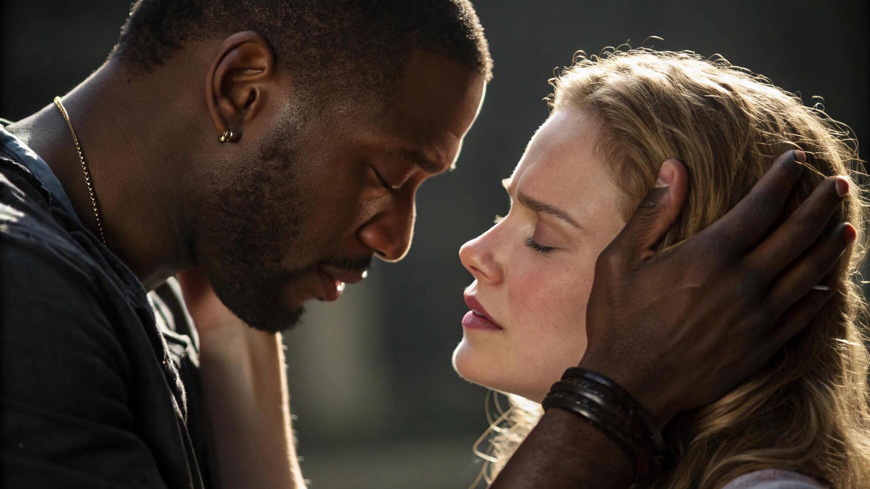 A man and woman are looking into each other's eyes photo