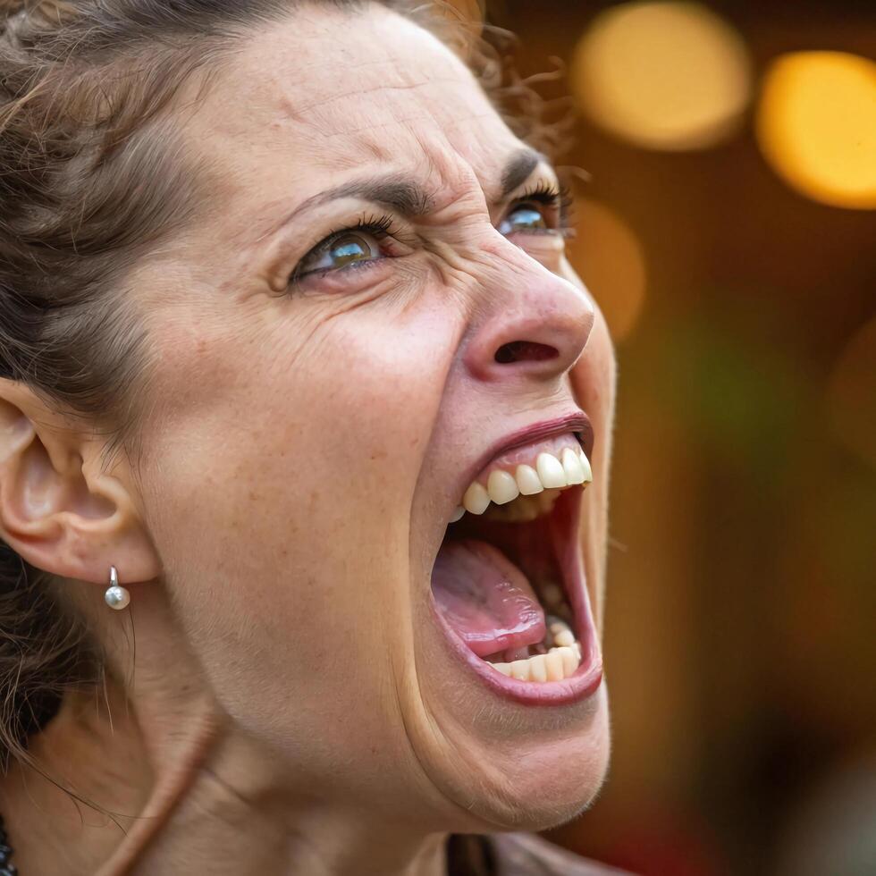 A woman with her mouth open and her eyes wide photo