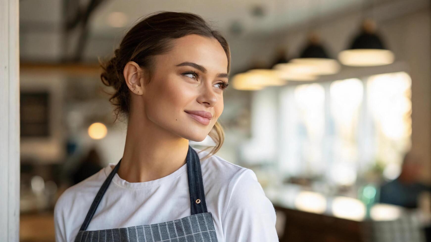 A woman in an apron standing in a restaurant photo