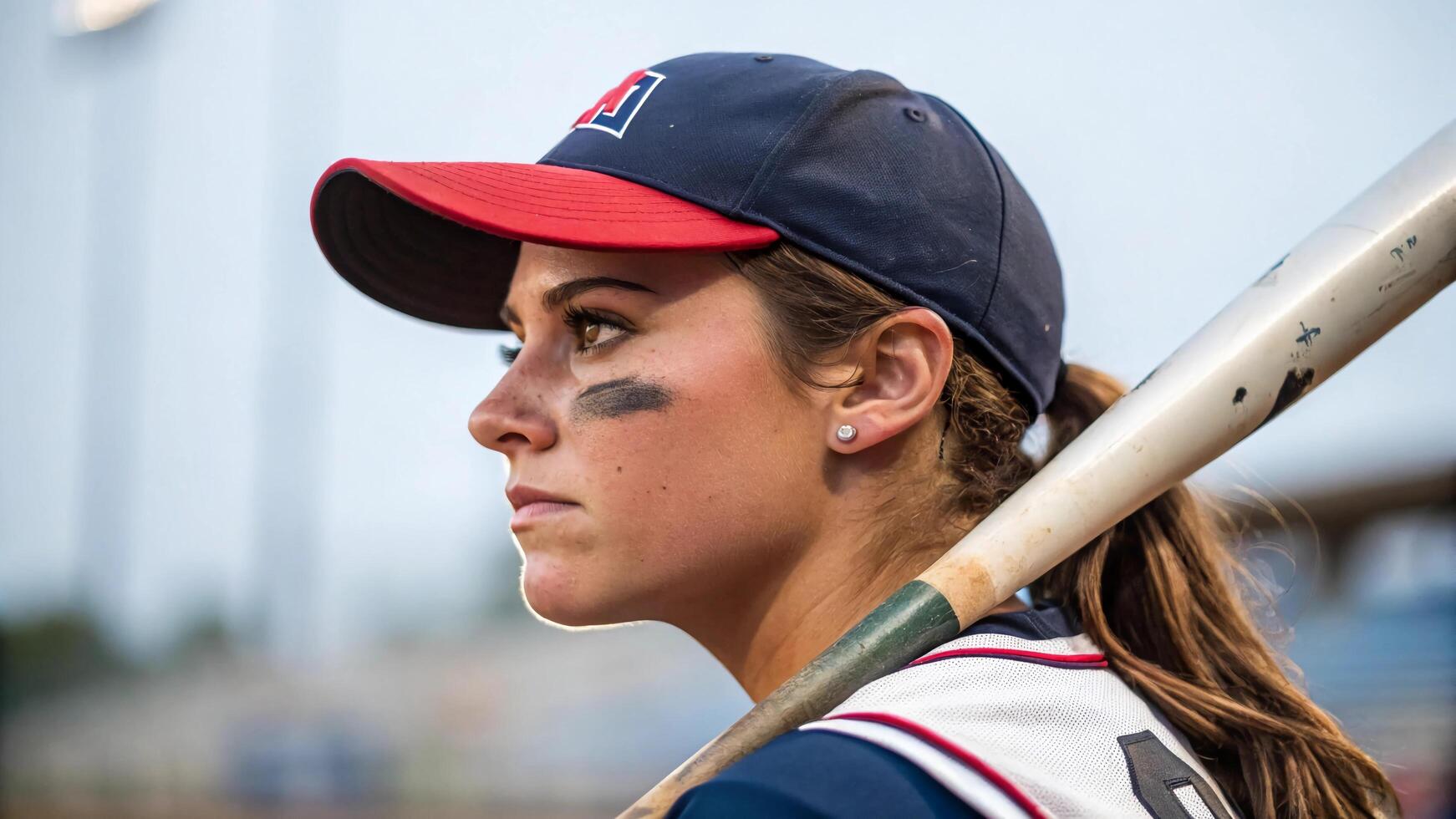 A female baseball player with a bat in her hand photo