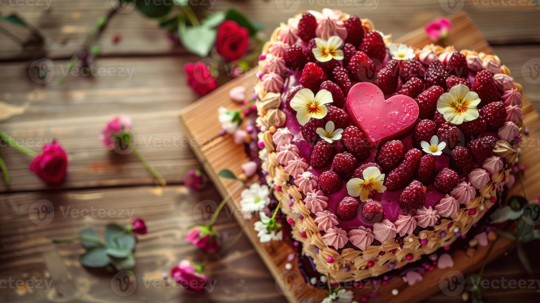 A heart shaped cake with strawberries and raspberries photo