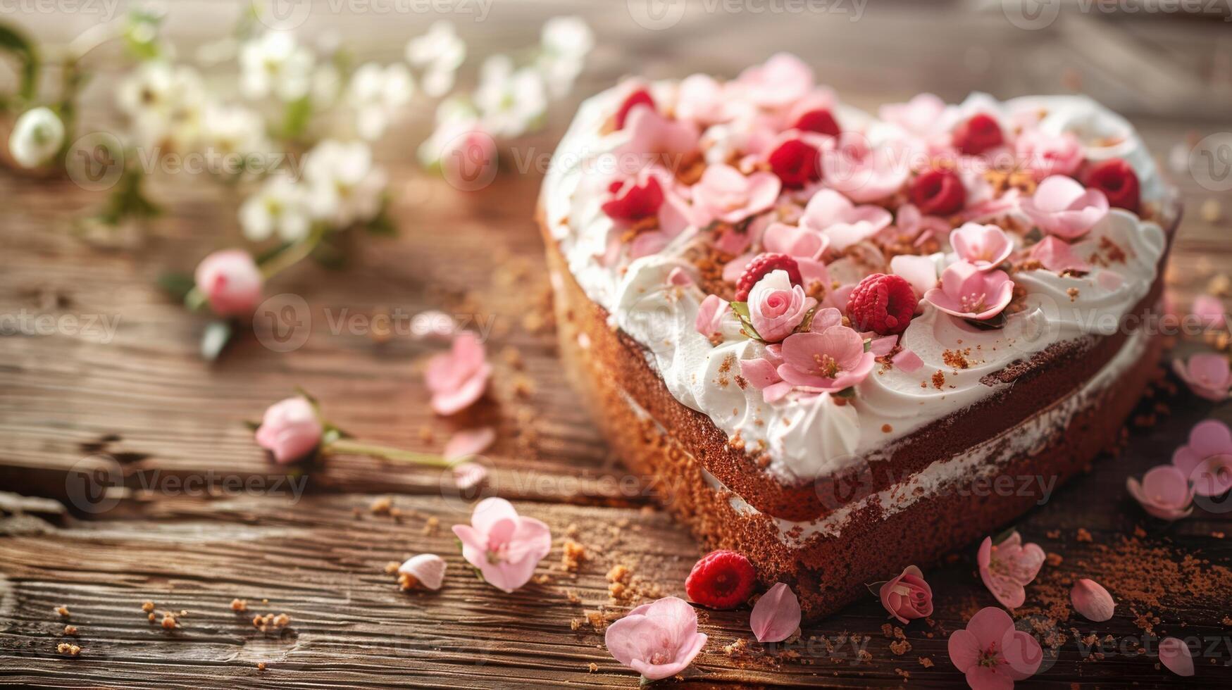 A heart shaped cake with white frosting and pink flowers photo