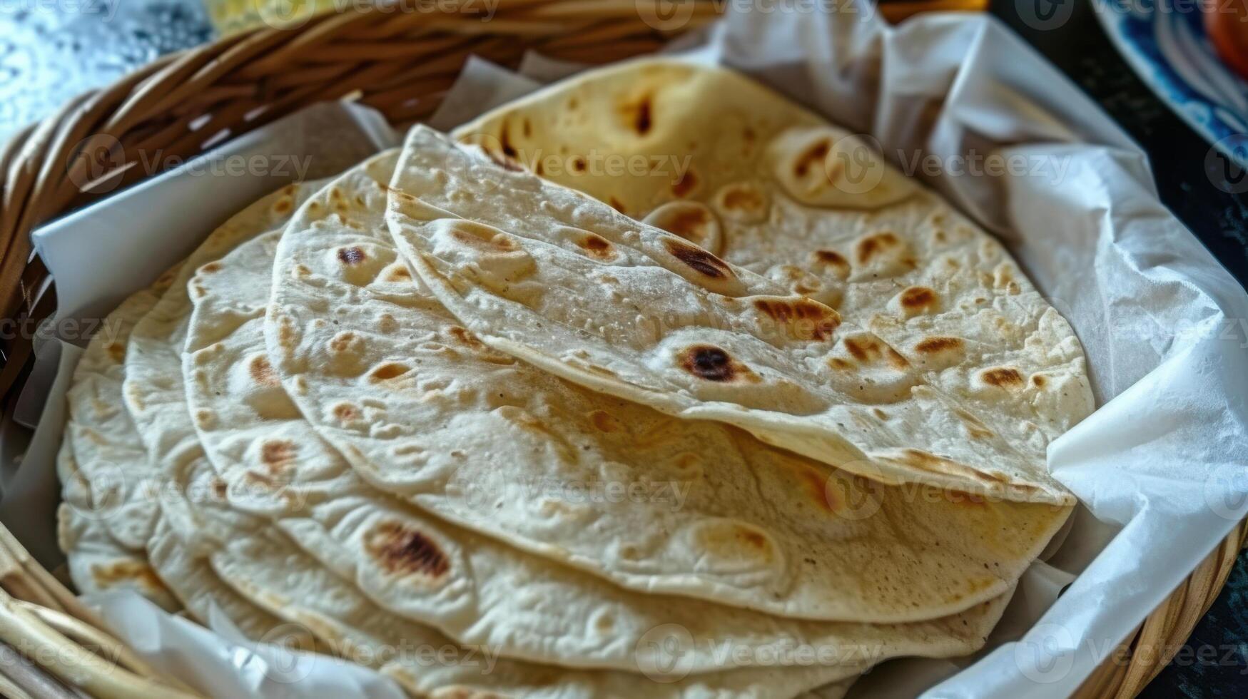 A Stack of Freshly Baked Flatbreads in a Wicker Basket photo
