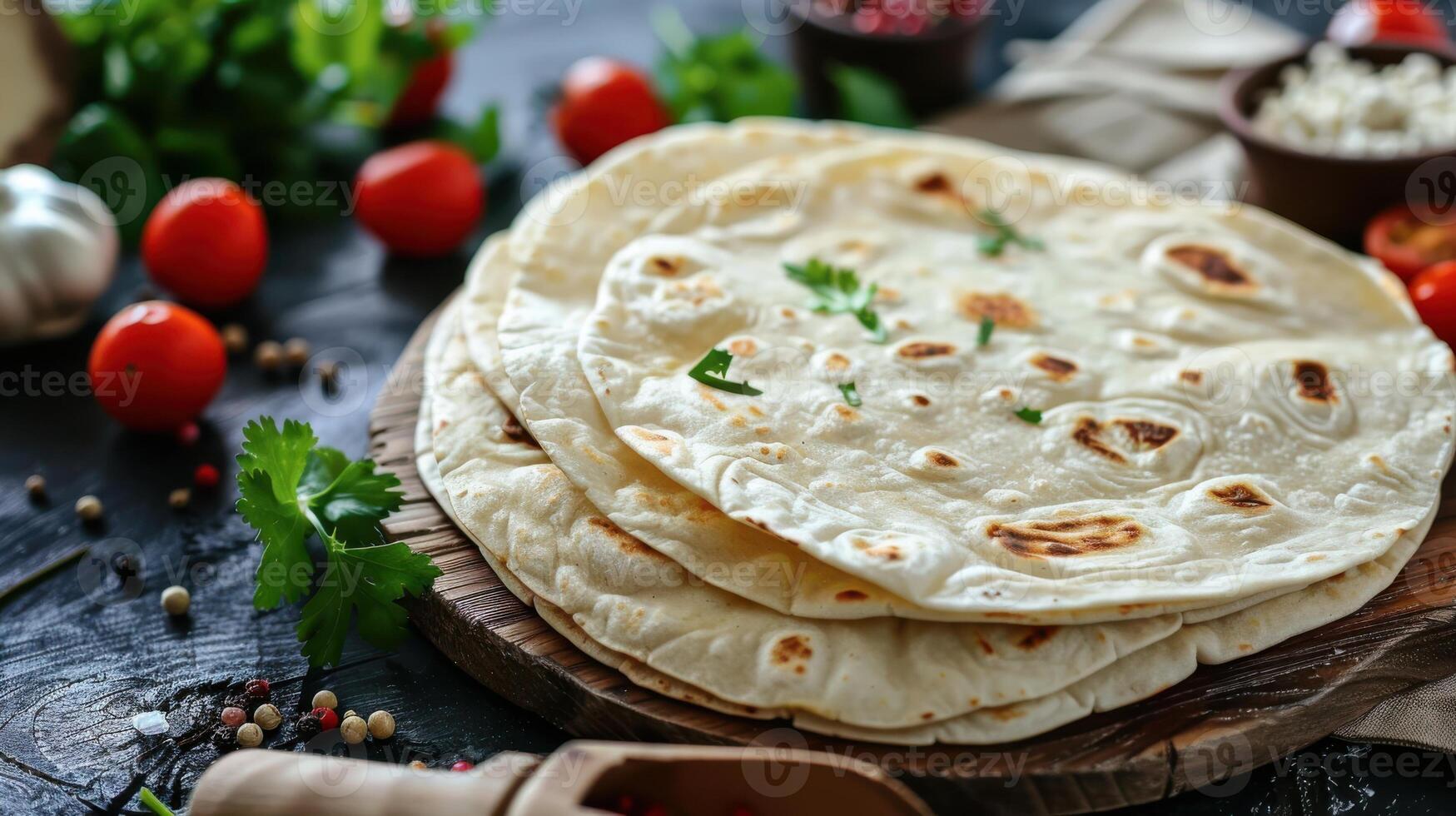 Freshly Baked Flatbreads With Herbs and Spices on a Rustic Wooden Board photo