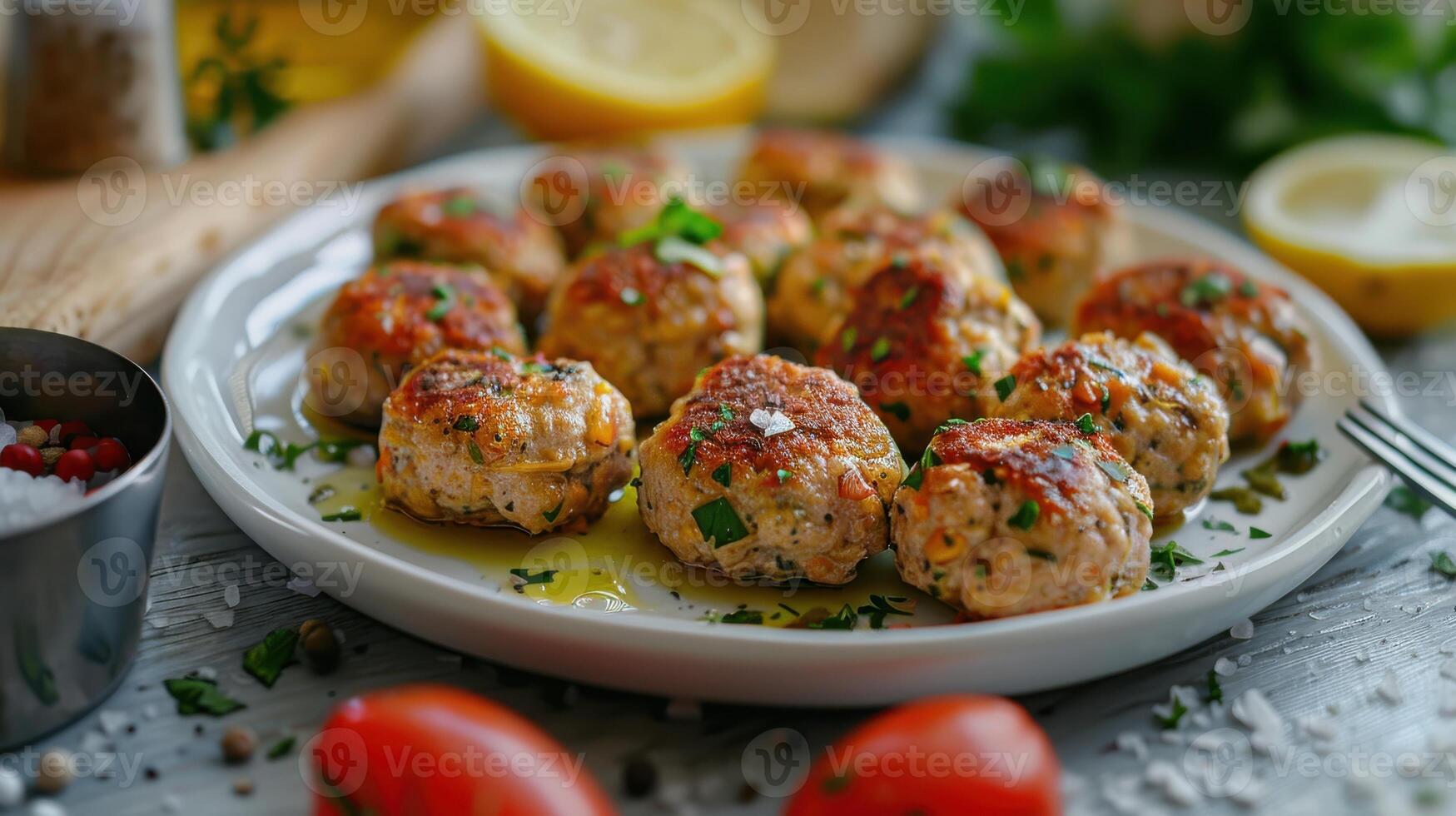 A Plate of Golden-Brown Chicken Meatballs Garnished With Fresh Parsley and a Hint of Lemon photo