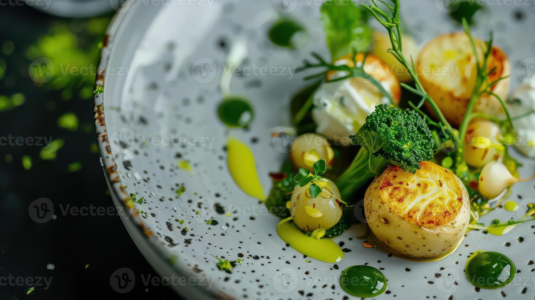 A plate with scallops and vegetables on it photo