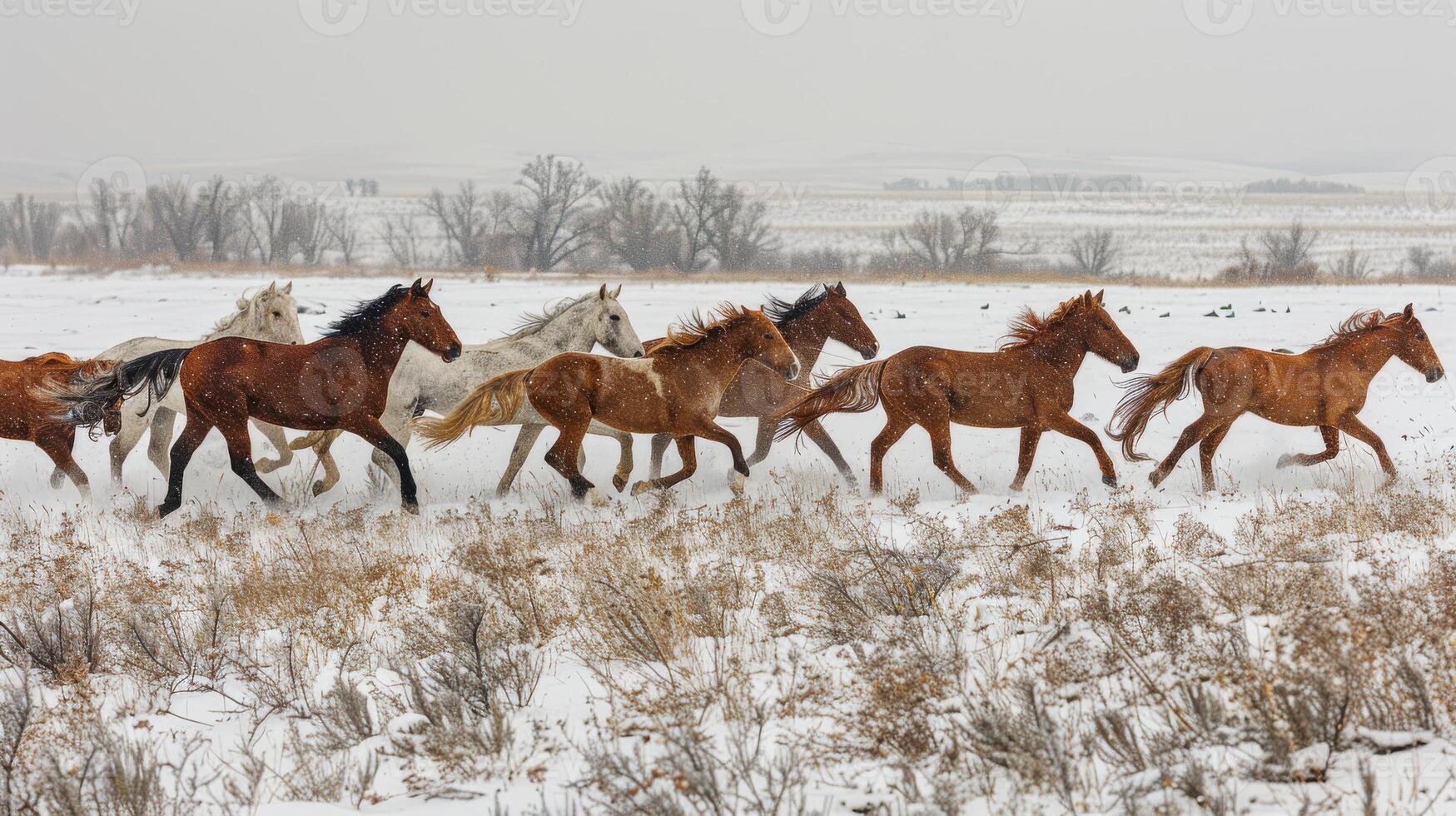 A herd of horses running in a field photo