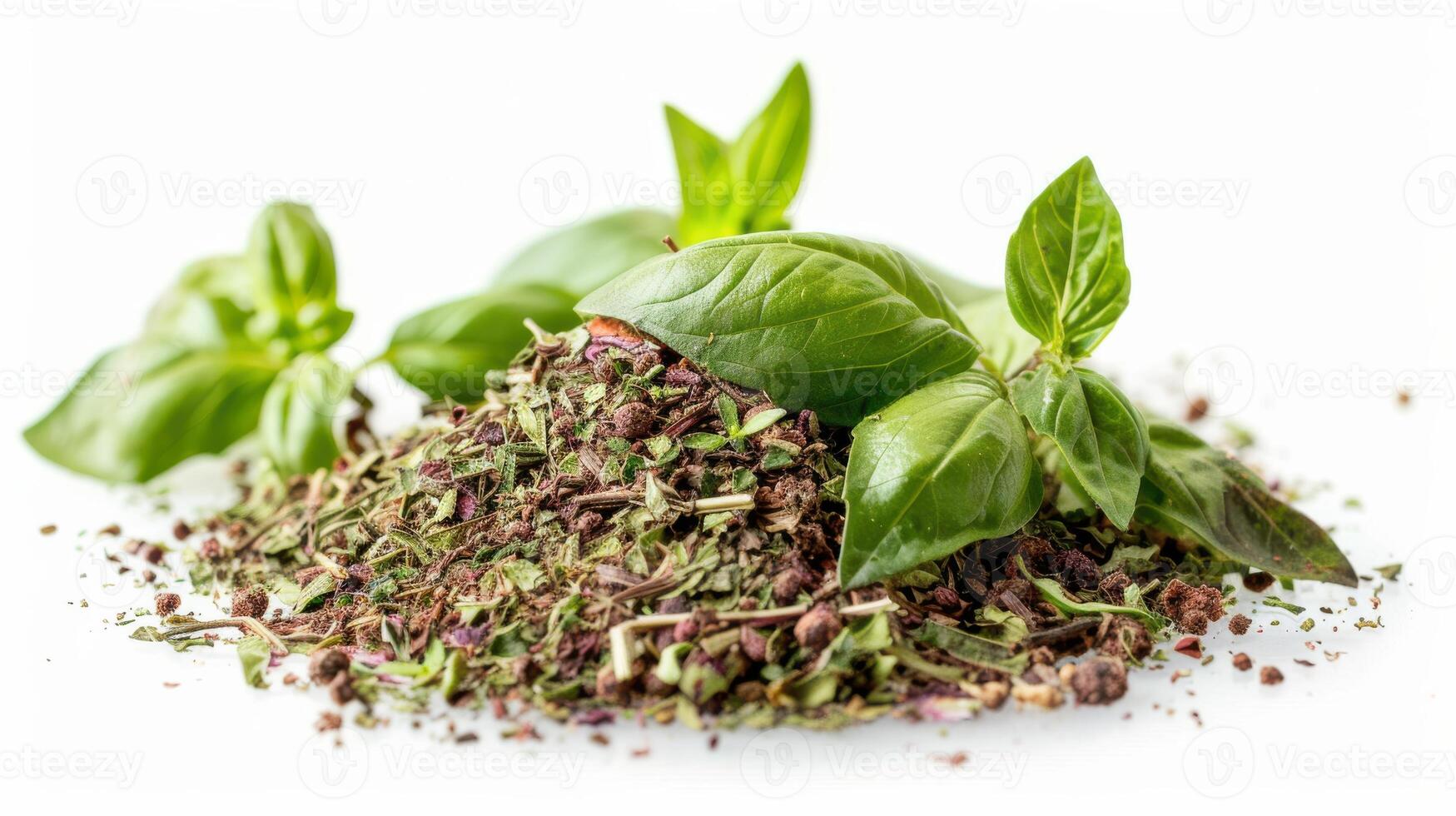 A pile of herbs and spices on a white background photo
