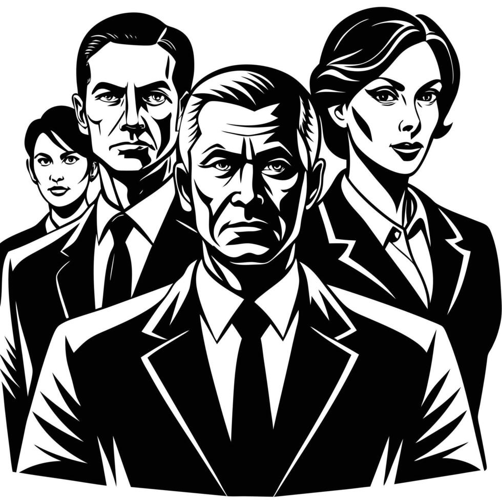 Illustrative Silhouettes of Corporate Leaders Presiding over a Meeting vector